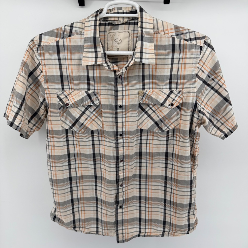 Prana Plaid Short Sleeve Pearl Snap Shirt Organic Cotton Western Large Orange - Picture 2 of 7